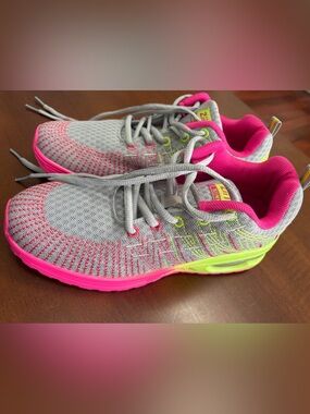 Women's Grey and Pink Knit Running Sneakers with Neon Accents size EUR 39